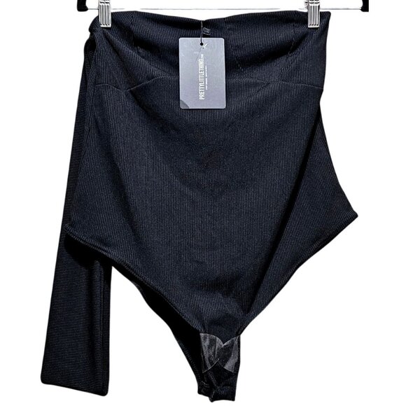 Asymmetric Black Ribbed Bodysuit With One Sleeve By PrettyLittleThing - 14 - Picture 2 of 10